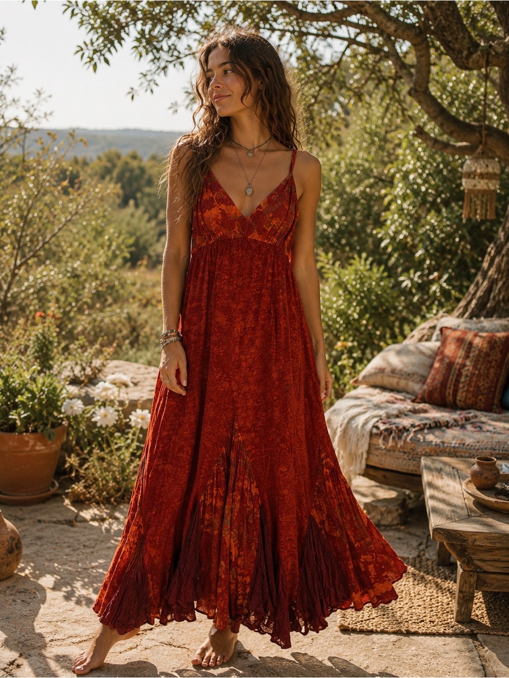 Boho Batik Print Maxi Dress Rust Orange Festival Fairy Grunge Y2K Small Godet - Picture 1 of 14